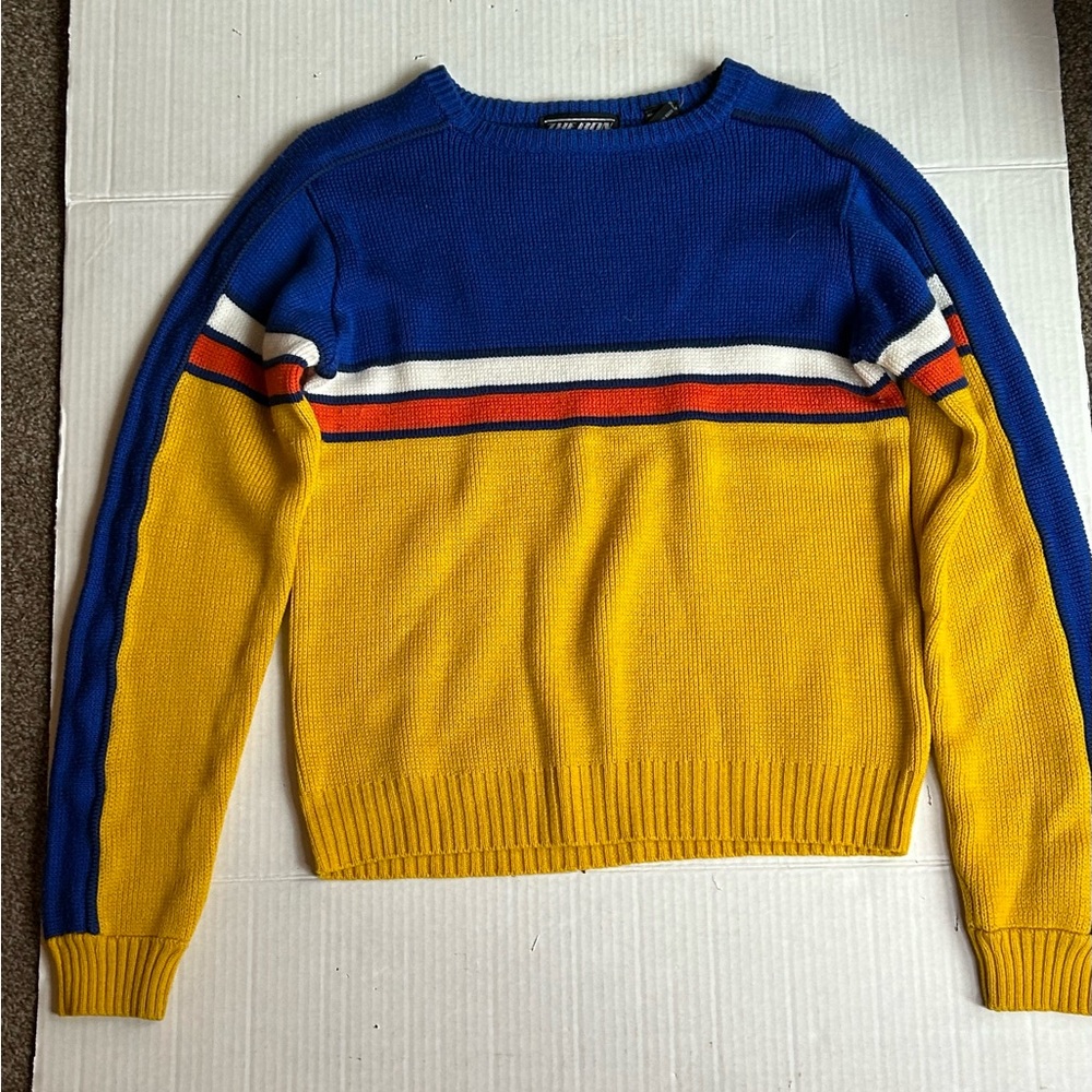 Vintage 80s The Bon Acrylic Woman Lrg Sweater Blue/Yellow/Orange & White Stripe.